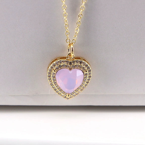 Women's Copper Heart Pendant Necklace With Zircon Inlay Water Wave Chain Electroplated Simple Elegant Classic Jewelry
