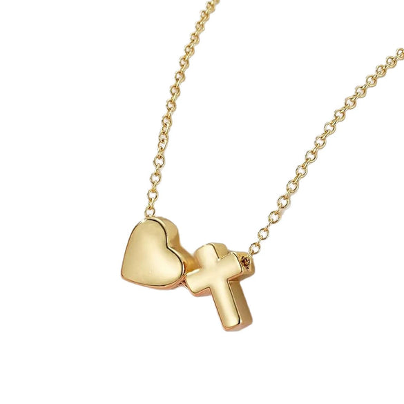 Women's Copper Heart Shaped Cross Pendant Necklace With Electroplated Geometric Design Sweet And Cool Clavicle Chain