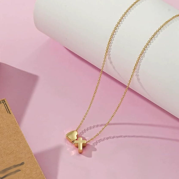Women's Copper Heart Shaped Cross Pendant Necklace With Electroplated Geometric Design Sweet And Cool Clavicle Chain