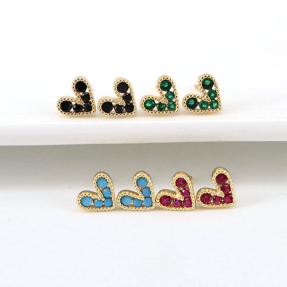 Women's Copper Heart Shaped Zircon Inlaid Earrings Simple Geometric Fashion Jewelry With Diamond Cut Finish