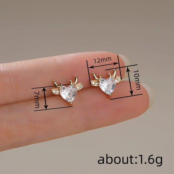 Women's Copper Heartshaped Deer Earrings With Zircon Accents Festive Christmas Jewelry Accessories