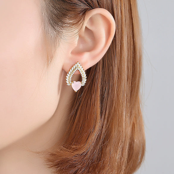 Women's Copper Heartshaped Zircon Drop Earrings With Electroplated Finish Fashion Jewelry Gift
