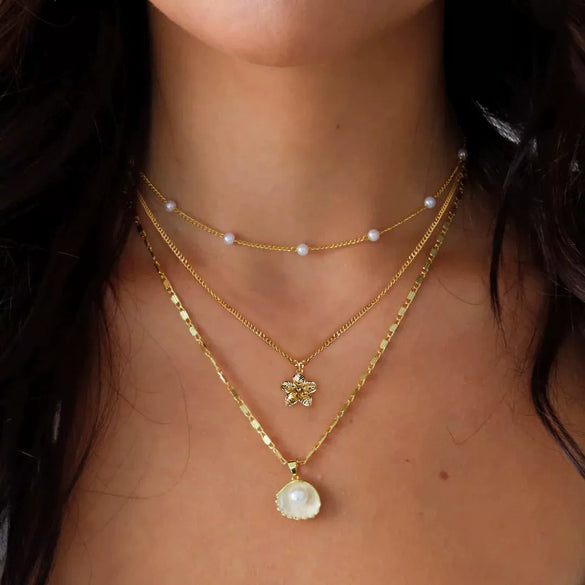 Women's Copper Imitation Pearl Shell Pendant Necklace With Geometric Design Multi Layer Electroplated Fashion Jewelry Gift