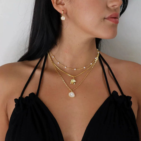 Women's Copper Imitation Pearl Shell Pendant Necklace With Geometric Design Multi Layer Electroplated Fashion Jewelry Gift