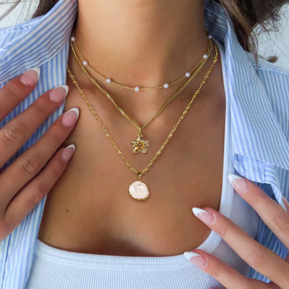 Women's Copper Imitation Pearl Shell Pendant Necklace With Geometric Design Multi Layer Electroplated Fashion Jewelry Gift