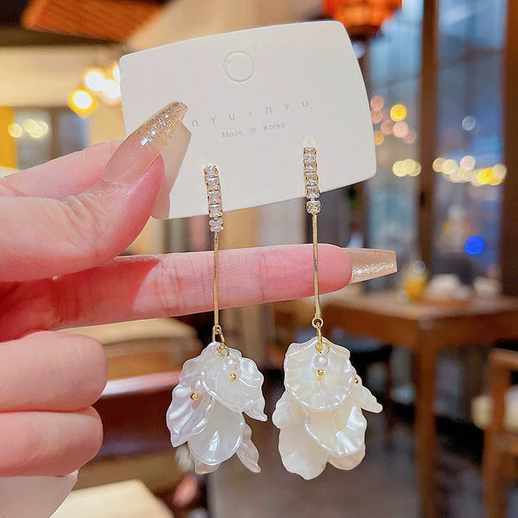 Women's Copper Inlaid Zircon Flower Petal Shell Tassel Earrings