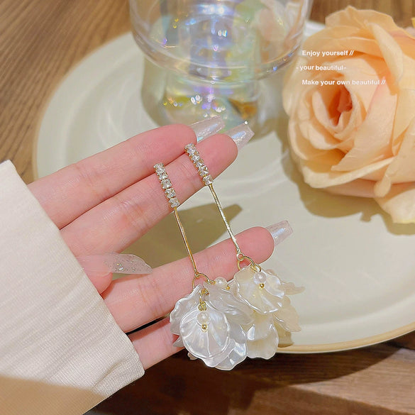 Women's Copper Inlaid Zircon Flower Petal Shell Tassel Earrings