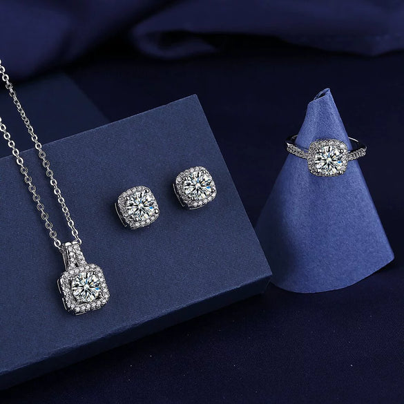 Women's Copper Inlaid Zircon Geometric Style Square Earrings Necklace Ring Three Piece Set