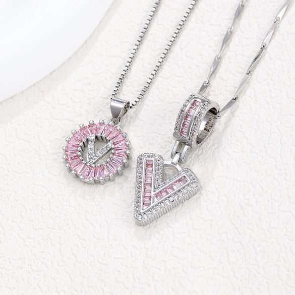 Women's Copper Inlaid Zircon Pendant Necklace With Geometric Pattern And Letter Shape Set With Diamonds