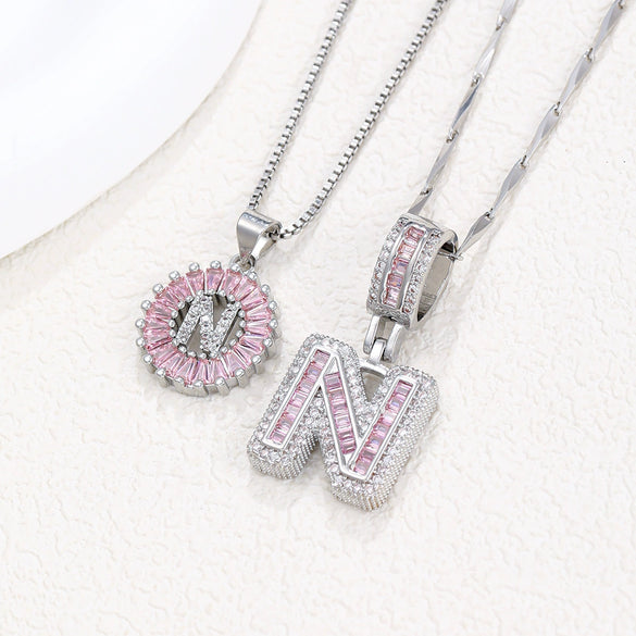 Women's Copper Inlaid Zircon Pendant Necklace With Geometric Pattern And Letter Shape Set With Diamonds