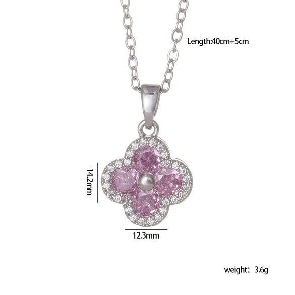 Women's Copper Jewelry Inlaid Zircon And Mixed Gemstone Fourleaf Clover Pendant With Geometric Pattern Electroplated O Chain Light Luxury Style