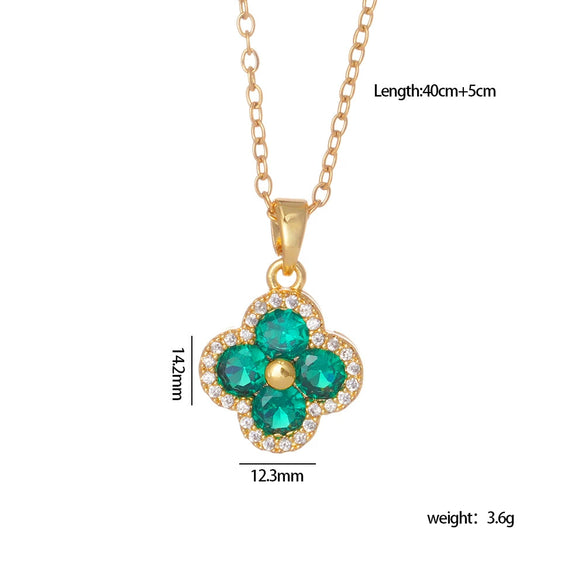 Women's Copper Jewelry Inlaid Zircon And Mixed Gemstone Fourleaf Clover Pendant With Geometric Pattern Electroplated O Chain Light Luxury Style