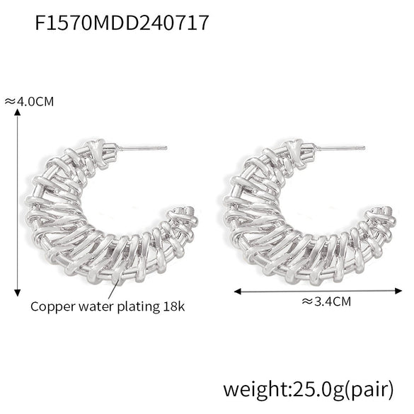 Women's Copper Jewelry Simple Woven Vintage Hollow Cshaped Earrings With Geometric Pattern And 18K Gold Plated Design