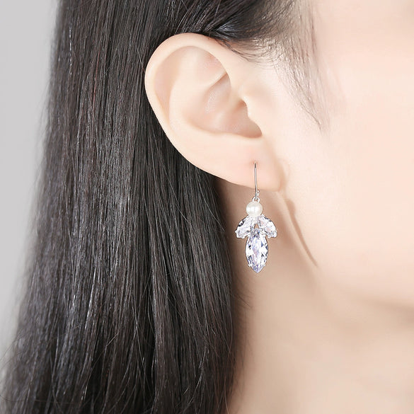 Women's Copper Leaf Fish Hook Earrings With Transparent Zircon And Pearl Accents Electroplated Fashion Jewelry