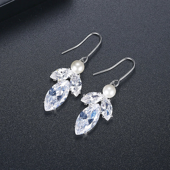 Women's Copper Leaf Fish Hook Earrings With Transparent Zircon And Pearl Accents Electroplated Fashion Jewelry