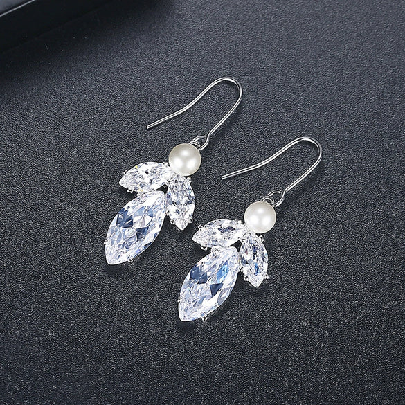Women's Copper Leaf Fish Hook Earrings With Transparent Zircon And Pearl Accents Electroplated Fashion Jewelry