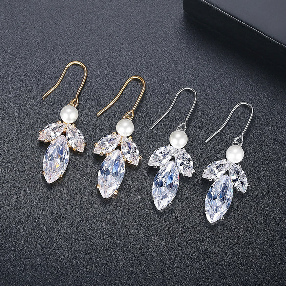 Women's Copper Leaf Fish Hook Earrings With Transparent Zircon And Pearl Accents Electroplated Fashion Jewelry