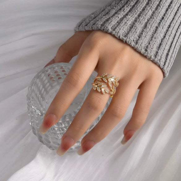 Women's Copper Leaf Ring With Adjustable Open Band Minimalist Geometric Design And Electroplated Finish
