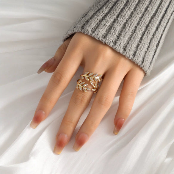 Women's Copper Leaf Ring With Adjustable Open Band Minimalist Geometric Design And Electroplated Finish