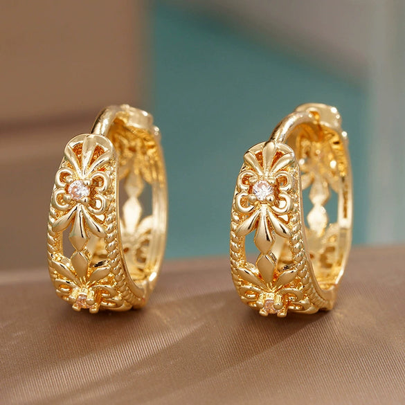 Women's Copper Metal Electroplated Geometric Heart Shape Leaves Zirconia Earrings