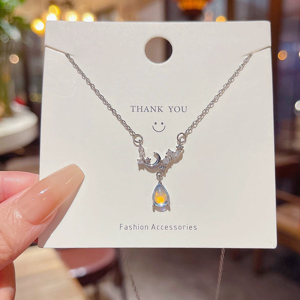 Women's Copper Moonstone Teardrop Star Pendant Necklace With Electroplating And Minimalist Style