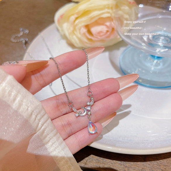 Women's Copper Moonstone Teardrop Star Pendant Necklace With Electroplating And Minimalist Style