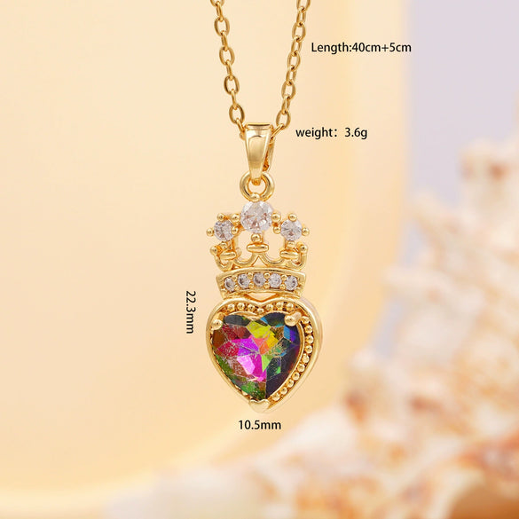 Women's Copper Necklace With Heart Shape Mixed Gemstone Inlay Pendant And O Chain Electroplated Design