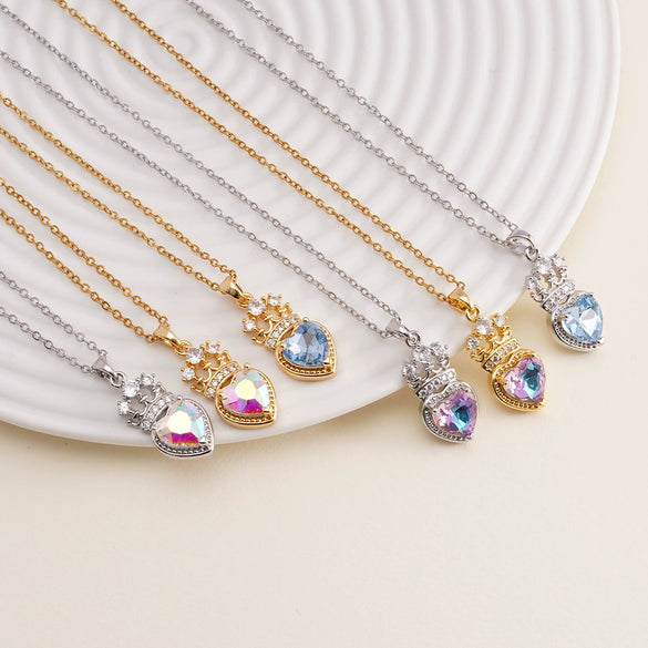 Women's Copper Necklace With Heart Shape Mixed Gemstone Inlay Pendant And O Chain Electroplated Design
