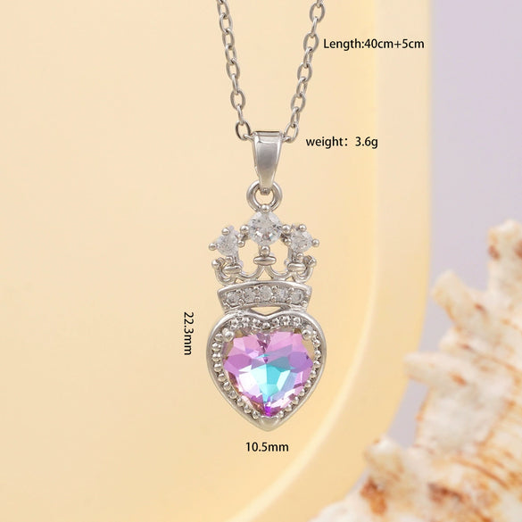 Women's Copper Necklace With Heart Shape Mixed Gemstone Inlay Pendant And O Chain Electroplated Design