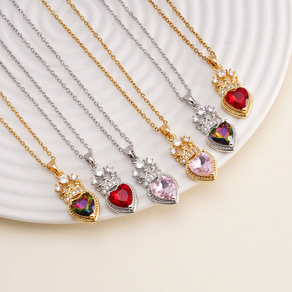Women's Copper Necklace With Heart Shape Mixed Gemstone Inlay Pendant And O Chain Electroplated Design
