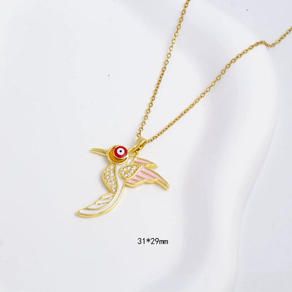 Women's Copper Necklace With Hummingbird Shape Animal Pattern Electroplating Process Mixed Gemstone Setting Pendant And O Word Chain