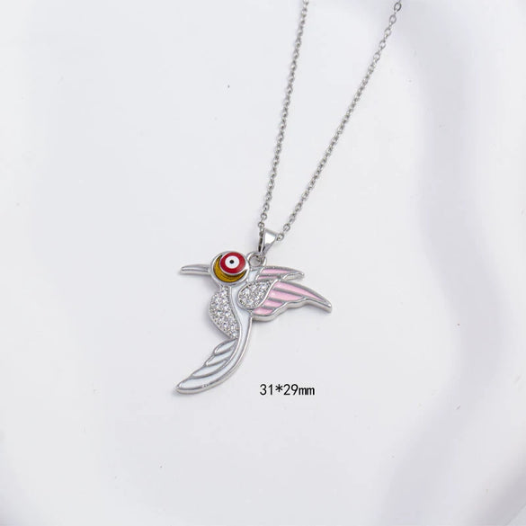 Women's Copper Necklace With Hummingbird Shape Animal Pattern Electroplating Process Mixed Gemstone Setting Pendant And O Word Chain