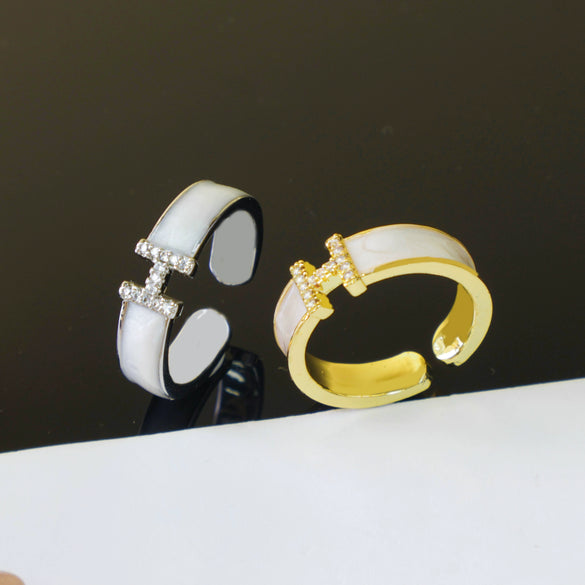 Women's Copper Open Ring With Letter H And Zircon Real Gold Plated Light Luxury Niche Design