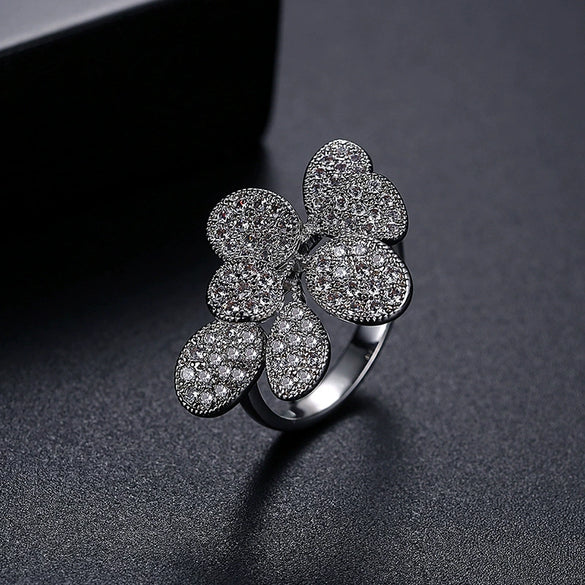Women's Copper Open Ring With Zircon Flower Design Adjustable Minimalist Floral Jewelry
