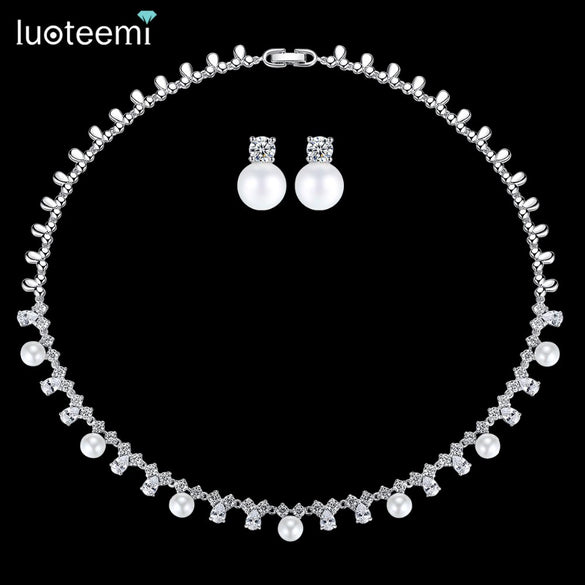 Women's Copper Pearl And Zircon Crystal Necklace With Geometric Design Electroplated Handmade Chain Fashion Jewelry