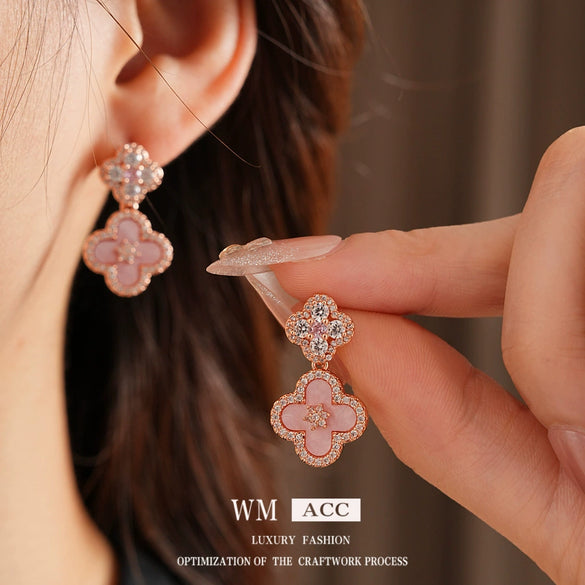 Women's Copper Pendant Earrings With 925 Silver Needle Set With Zirconia And Motherofpearl Flower Design Light Luxury Style
