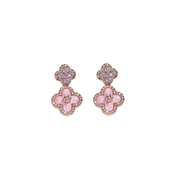 Women's Copper Pendant Earrings With 925 Silver Needle Set With Zirconia And Motherofpearl Flower Design Light Luxury Style