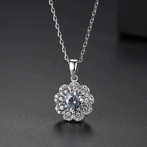 Women's Copper Pendant Necklace Set With White Zircon Accents Geometric Floral Design Cross Chain And Delicate Sparkling Fashion Jewelry