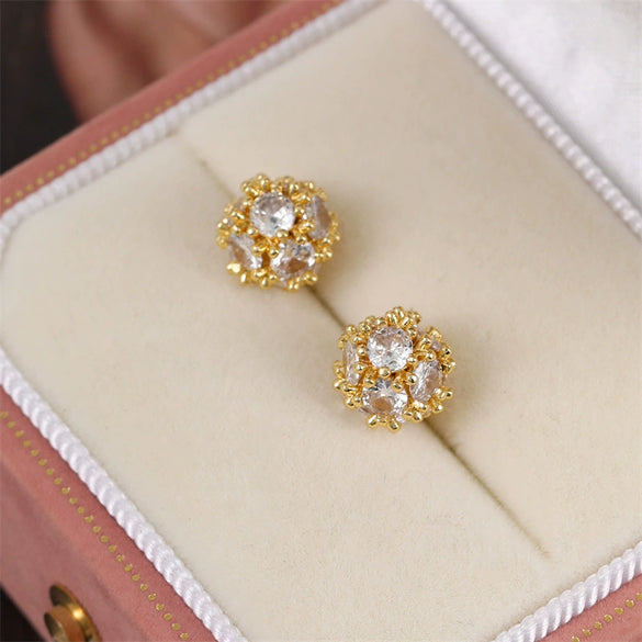 Women's Copper Real Gold Electroplated Heart Shape Ice Flower Ball Earrings With Polish Design