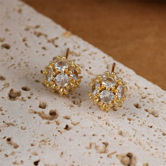 Women's Copper Real Gold Electroplated Heart Shape Ice Flower Ball Earrings With Polish Design