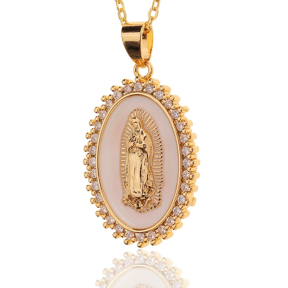 Women's Copper Religious Pendant Necklace With Colored Zircon And Drip Glaze Virgin Mary Design O Chain Jewelry Accessory