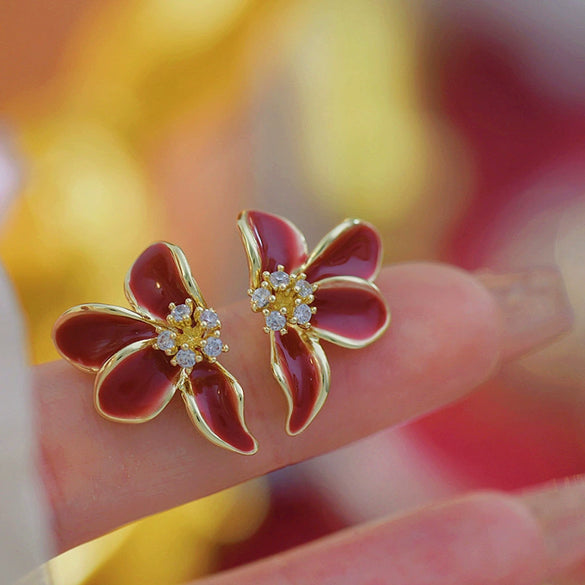 Women's Copper Resin Flower Petal Earrings With Zircon Flower Stamen Design Romantic Light Luxury Floral Earrings
