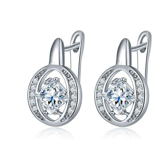 Women's Copper Rhombus Zircon Stud Earrings With Four Claw Set Aaa Zircon And Hollow Full Stone Design