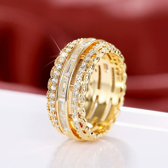 Women's Copper Ring With Flower And Geometric Pattern Inlaid Zircon