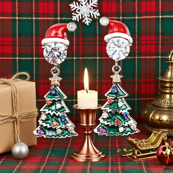 Women's Copper Santa Claus Christmas Star Earrings With Colorful Light Hat And Festive Cartoon Design