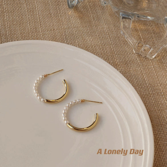 Women's Copper 925 Silver Needle Plated 14K Pearl Geometric Earrings With Electroplating