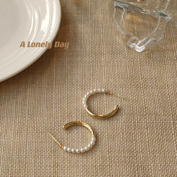 Women's Copper 925 Silver Needle Plated 14K Pearl Geometric Earrings With Electroplating