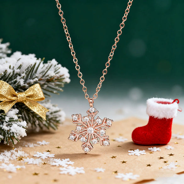 Women's Copper Snowflake Necklace With Zirconia Inlay Geometric Pendant And Oshaped Chain For Festive Winter Style