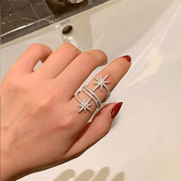 Women's Copper Star Ring With Zirconia Micro Inlay Layered Geometric Design And Distinctive Fashion Jewelry Style