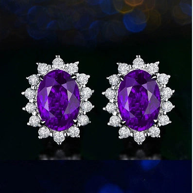 Women's Copper Synthetic Sapphire And Amethyst Color Gemstone Flower Stud Earrings With Diamond Encrusted Princess Style